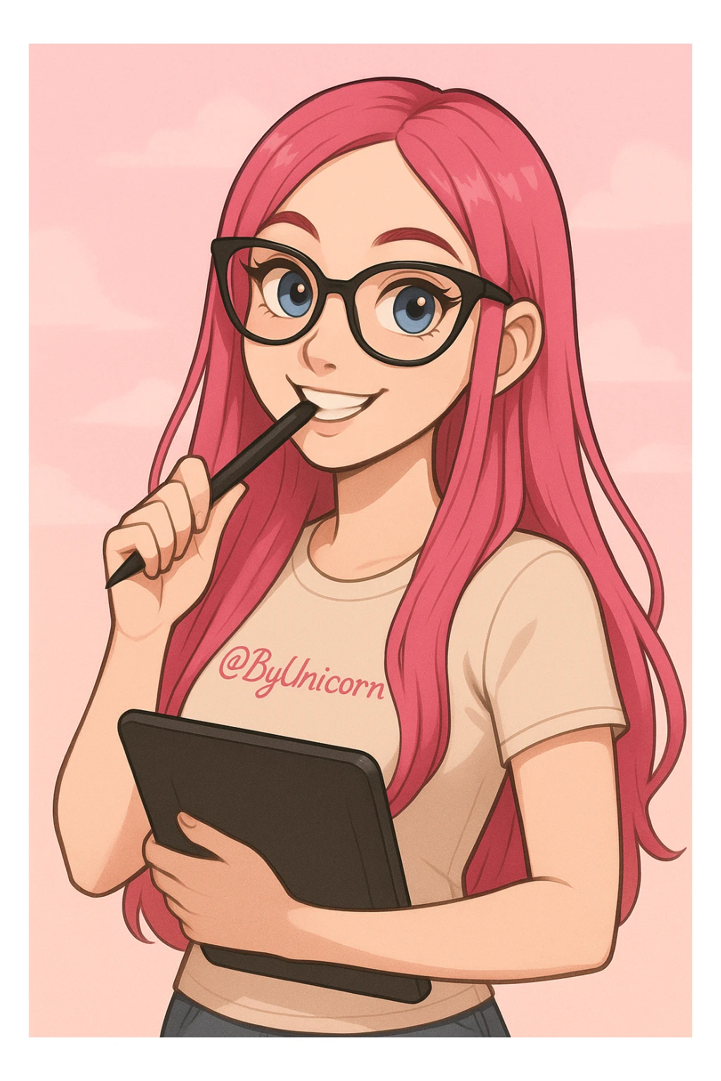 девушка с референса в рисованном милом стиле, у девушки розовые длинные прямые волосы, большие выразительные голубые глаза, черные очки для зрения формы кошачий глаз, нос чуть с горбинкой, девушка улыбается а в зубах прикусывает перо от графического планшета, которое она держит в руке, а в другой руке держит сам планшет 
одета девушка в светло-бежевую облегающую футболку с вышивкой розовым цветом @ByUnicorn, фон градиентный розовый, можно добавить легкие воздушные нежные облака sticker