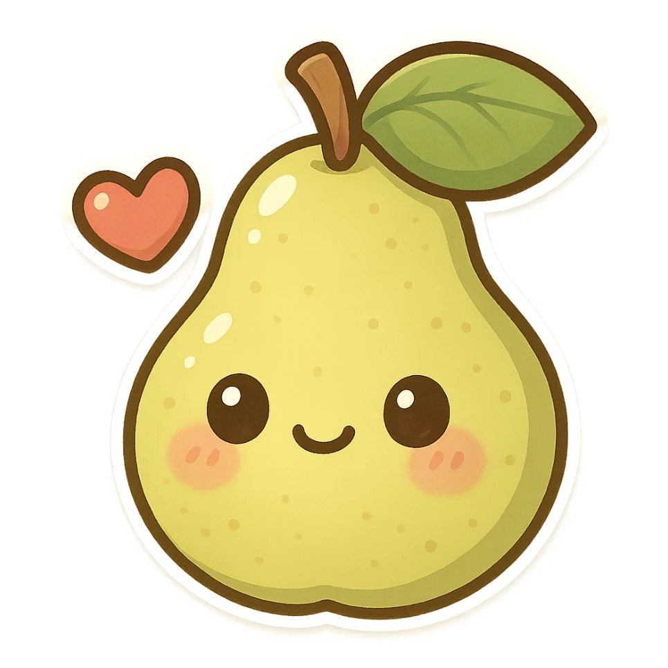 chibi sticker-style pear with a heart accent, cute and exaggerated sticker