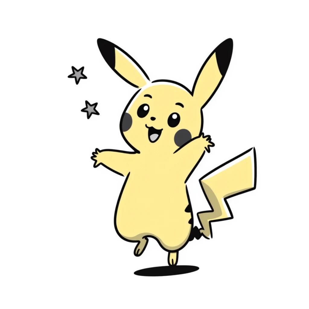 cute Pikachu Pokémon jumping with excitement with little stars around, doodle style sticker