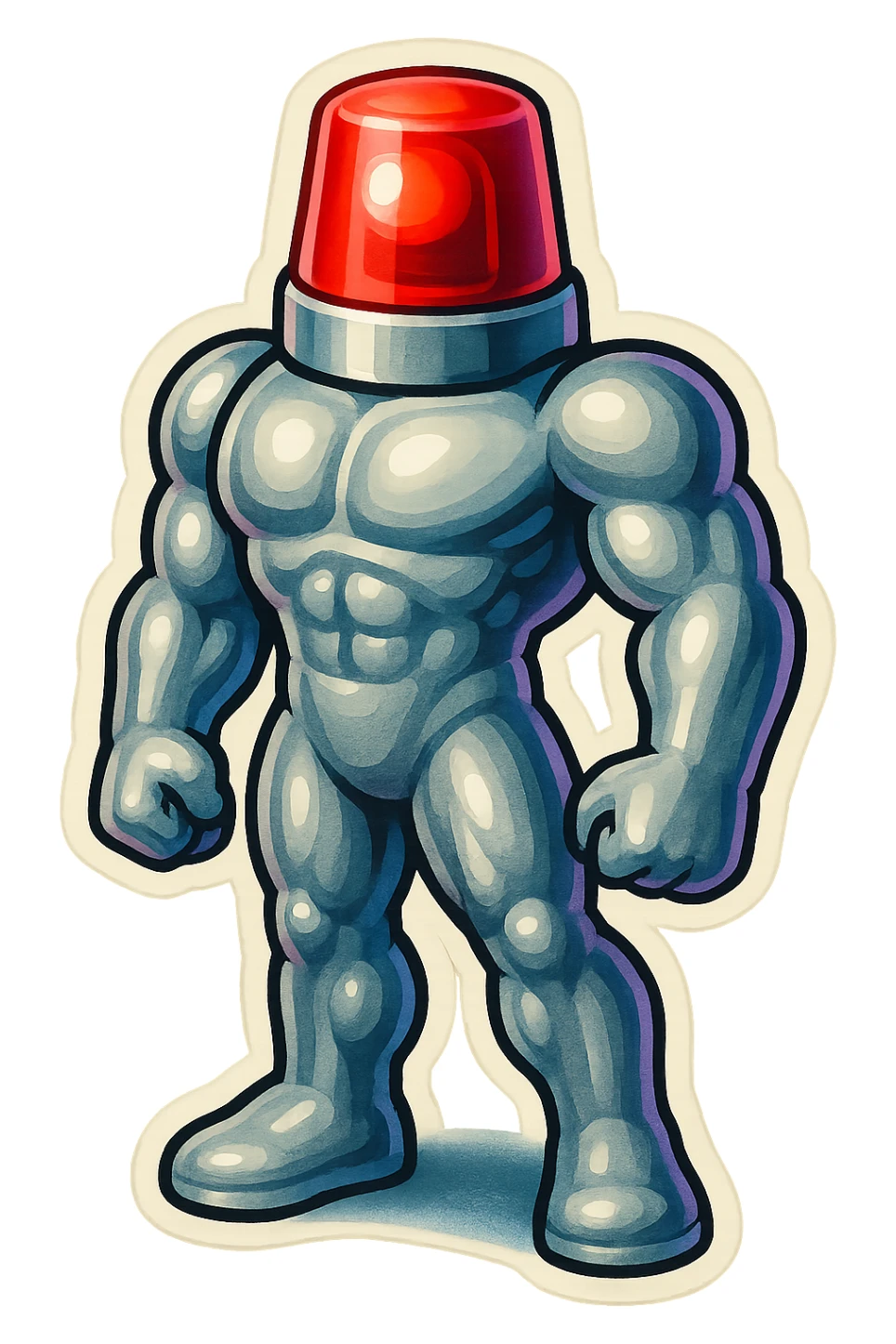 silver muscular robot with a red police light head, standing at attention in a 3/4 view, retro stickers style sticker