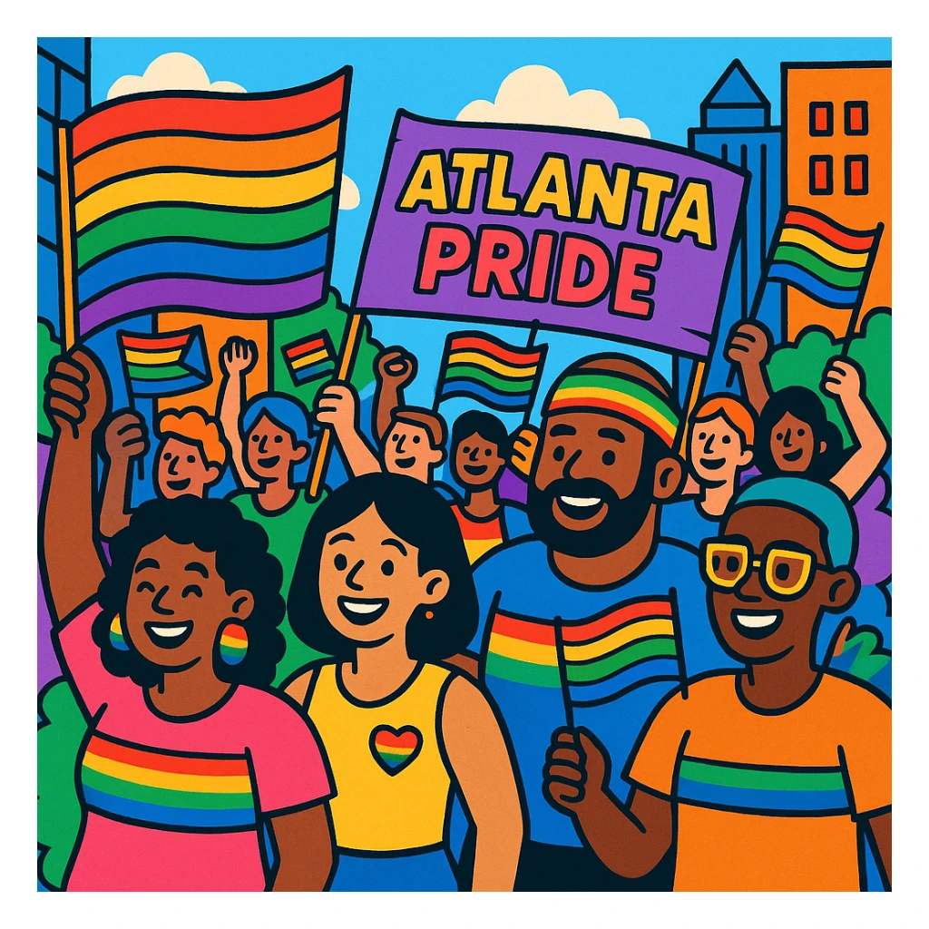 Atlanta Pride parade in a vibrant cartoon style, with rainbow flags and diverse, smiling characters sticker