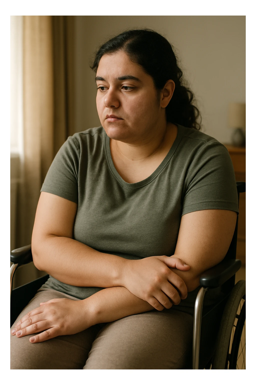 Donna con problemi difficoltà  nella mobilità che si isola a causa della sua PCOS, immagine realistica sticker