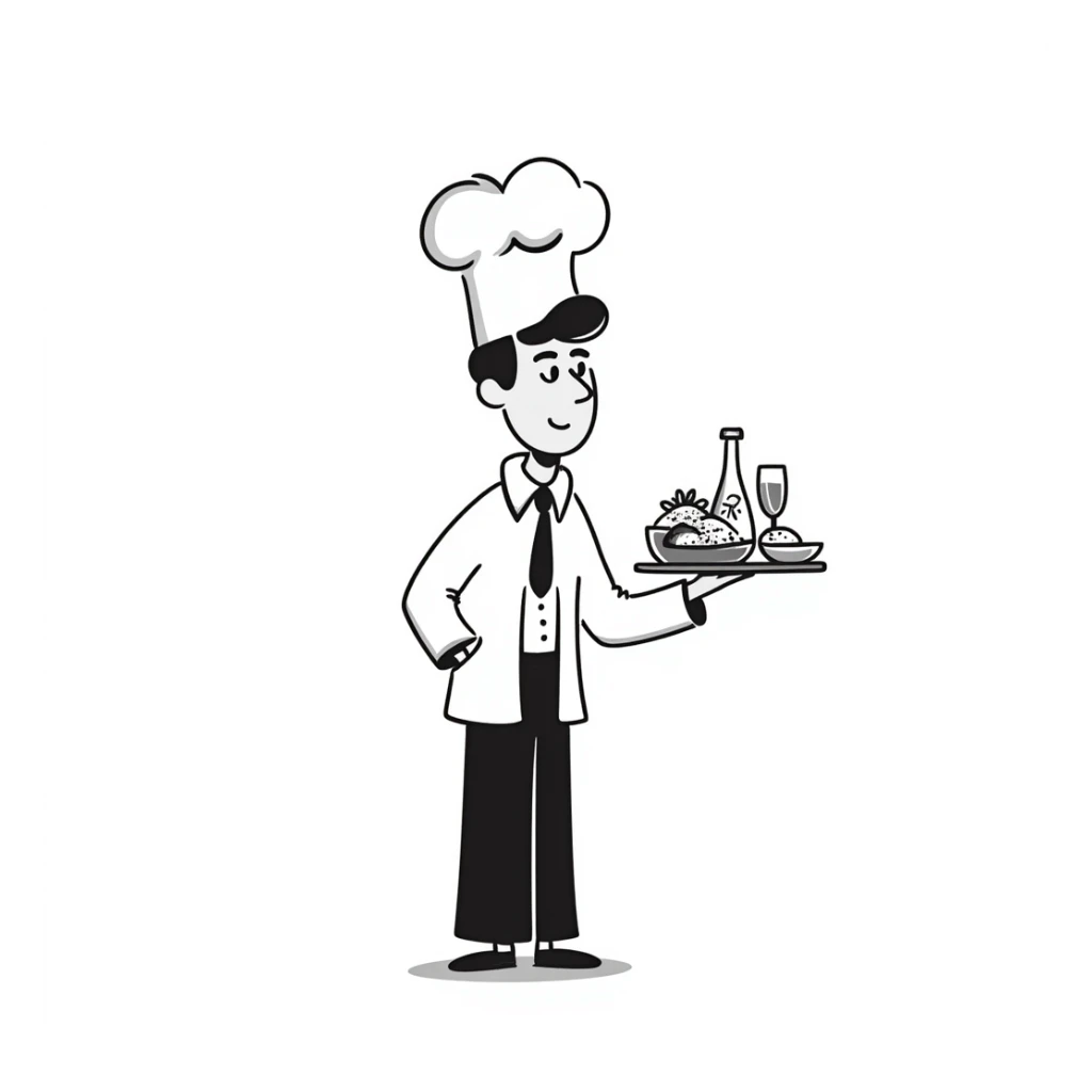 Chef in business attire with chef hat, confidently selling food products sticker