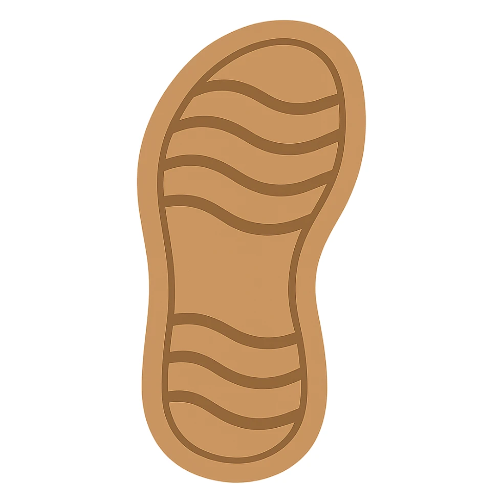 Create an Apple emoji style sandal sole with minimal detail, matching the angle of the reference image, viewed from the bottom, with a slightly lighter color tone. The style should replicate the clean, simple, and colorful look of Apple emojis. sticker