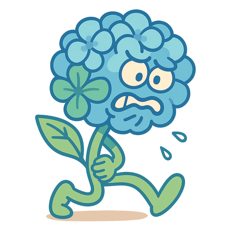 sky blue hydrangea flower with a twisted face and bulging eyes, holding its belly in a desperate toilet run, soft pastel shades, vibrant toon style sticker