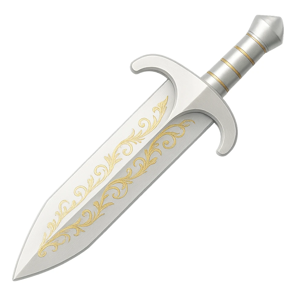 Recolor this weapon to a very light metallic silver color with subtle, elegant gold engravings, matching the gold tone and style of the provided silver shield reference. The gold should be soft and not too yellow or green. Transparent background. sticker