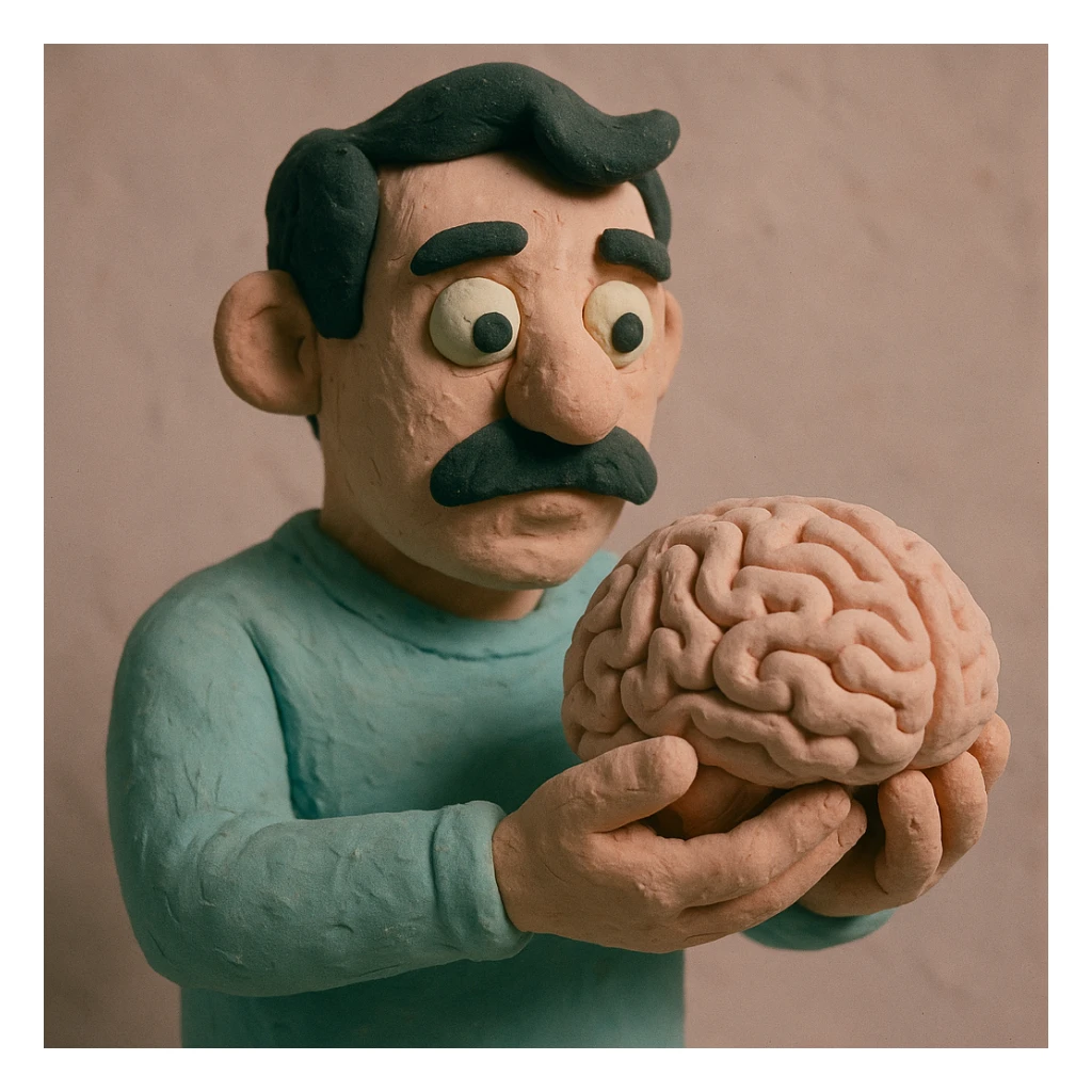 a dark-haired man with a mustache holding a brain, claymation style, pastel colors, visible fingerprints sticker