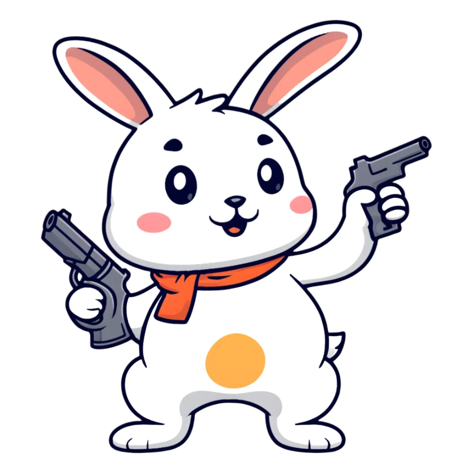 A cartoon rabbit holding and shooting with a gun sticker