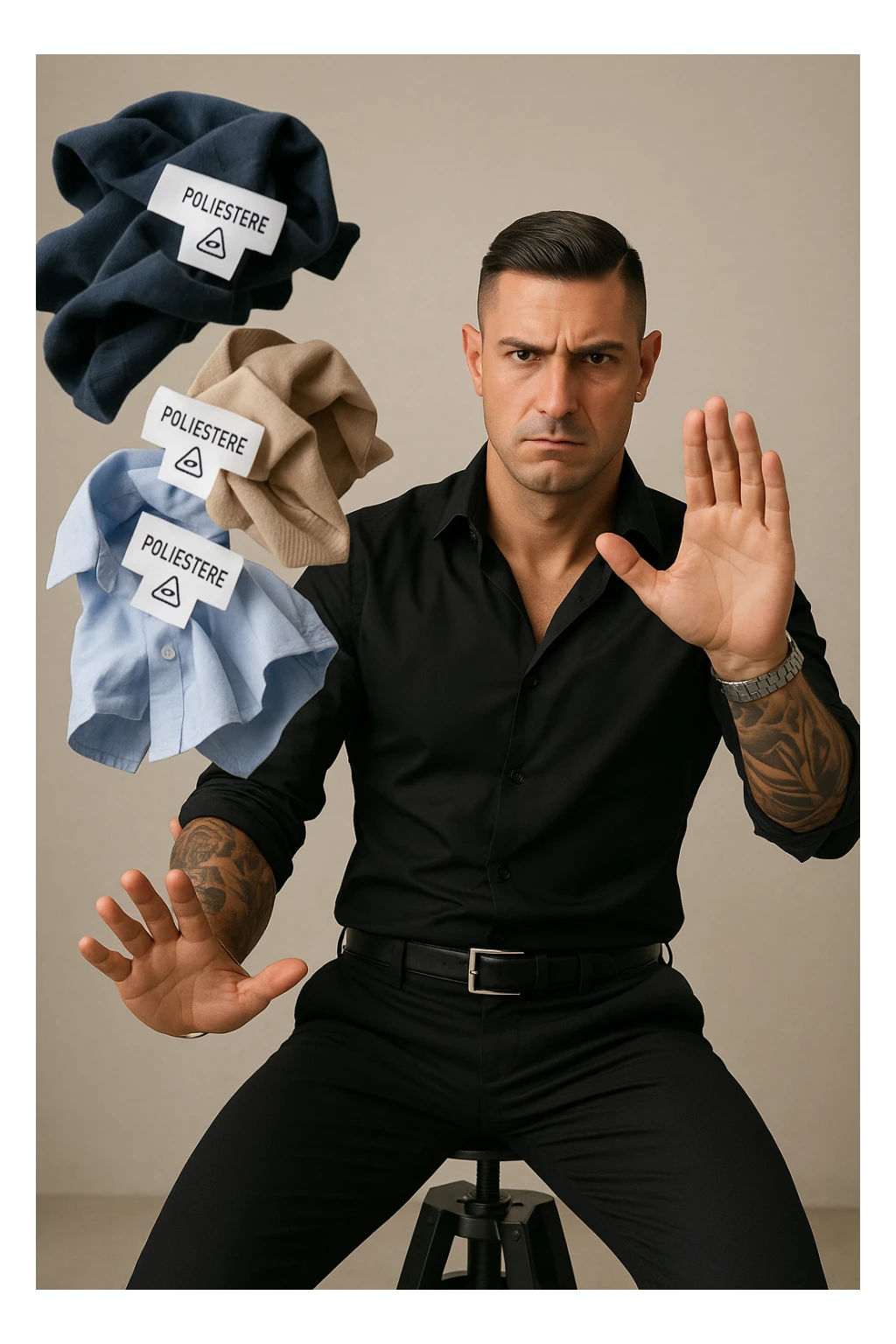 Create a very realistic vertical image of a man (like in the reference photo) decisively throwing away several clothes with clearly visible labels "poliestere" or plastic symbols. The man has a serious expression and a clear gesture of rejection. The atmosphere is professional with natural details and a neutral background. Aspect ratio 2:3. sticker