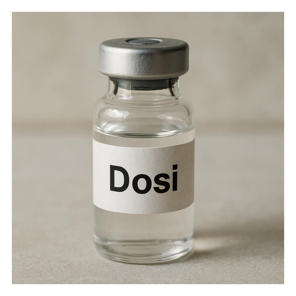 hyperrealistic vial with a clearly visible label that says 'Dosi', neutral background, natural light, realistic and detailed style sticker