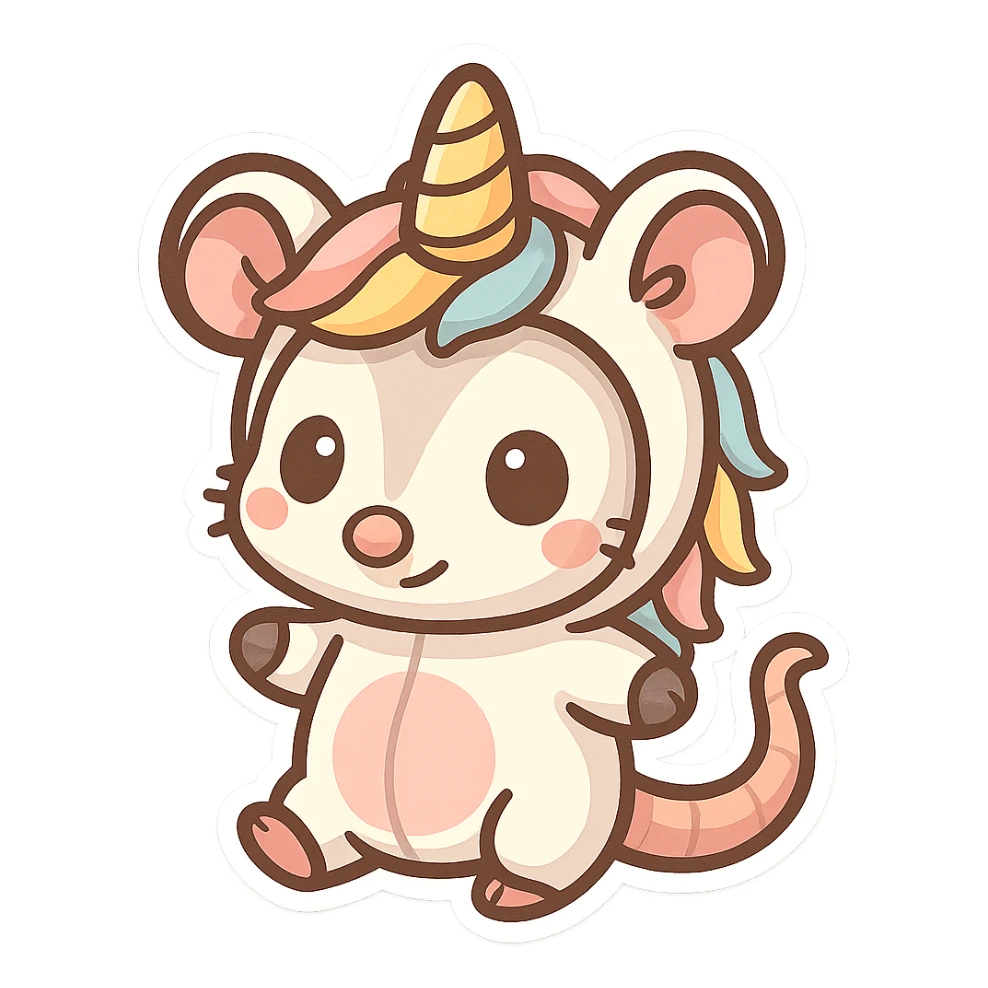cute cartoon possum dressed up like a unicorn, chibi stickers style sticker