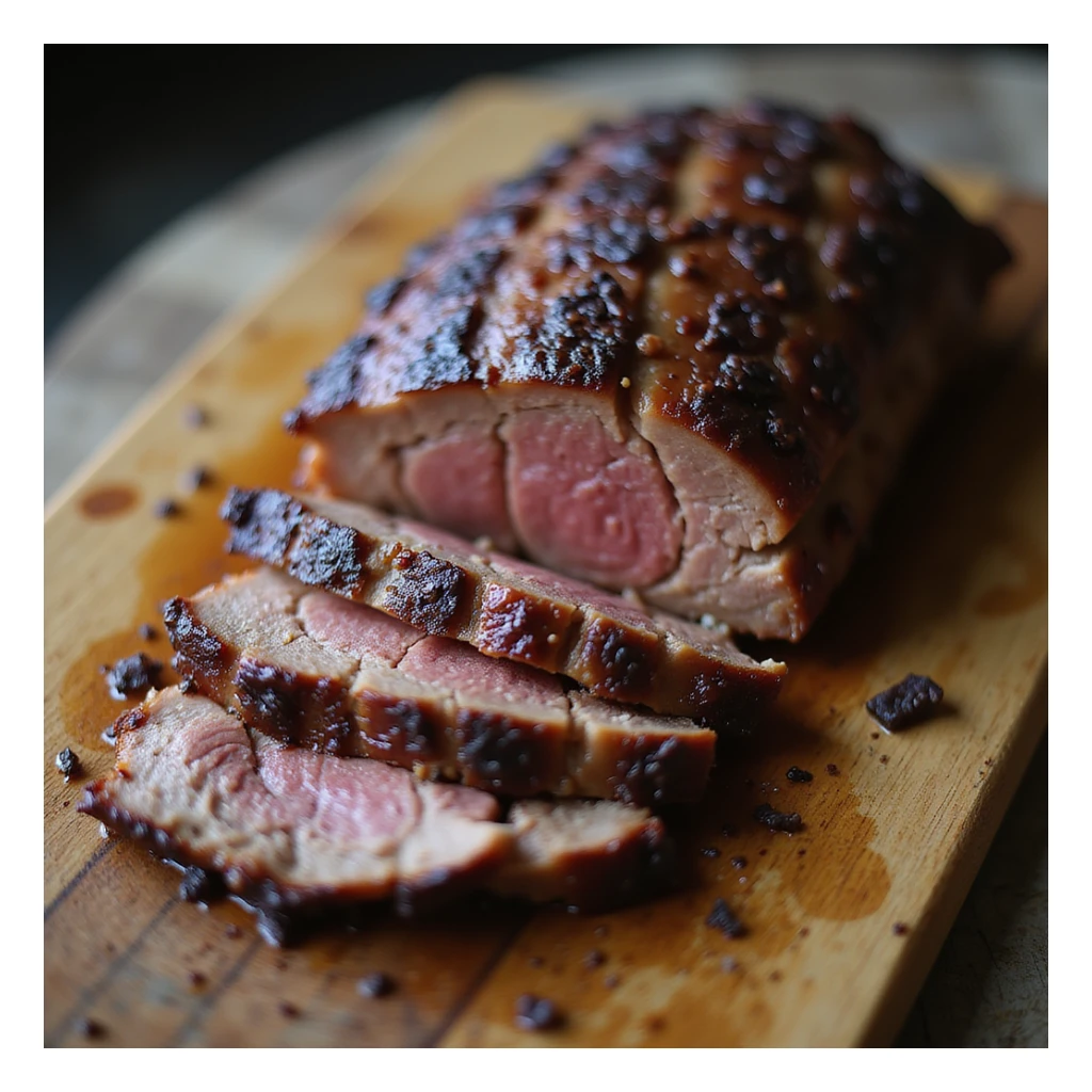smoked beef brisket, juicy slices, visible smoke ring, rustic serving board, appetizing, realistic, no text sticker