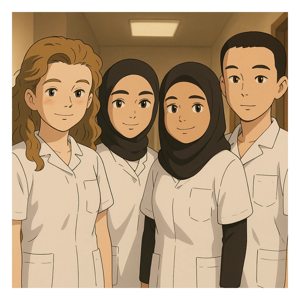 Four nursing students standing side by side indoors, each wearing a white short-sleeved uniform with a V-neck medical tunic, left chest pocket, no collar stand, no stethoscope, nothing protruding from the short sleeves, soft ambiance, no feet visible, in Ghibli style. sticker