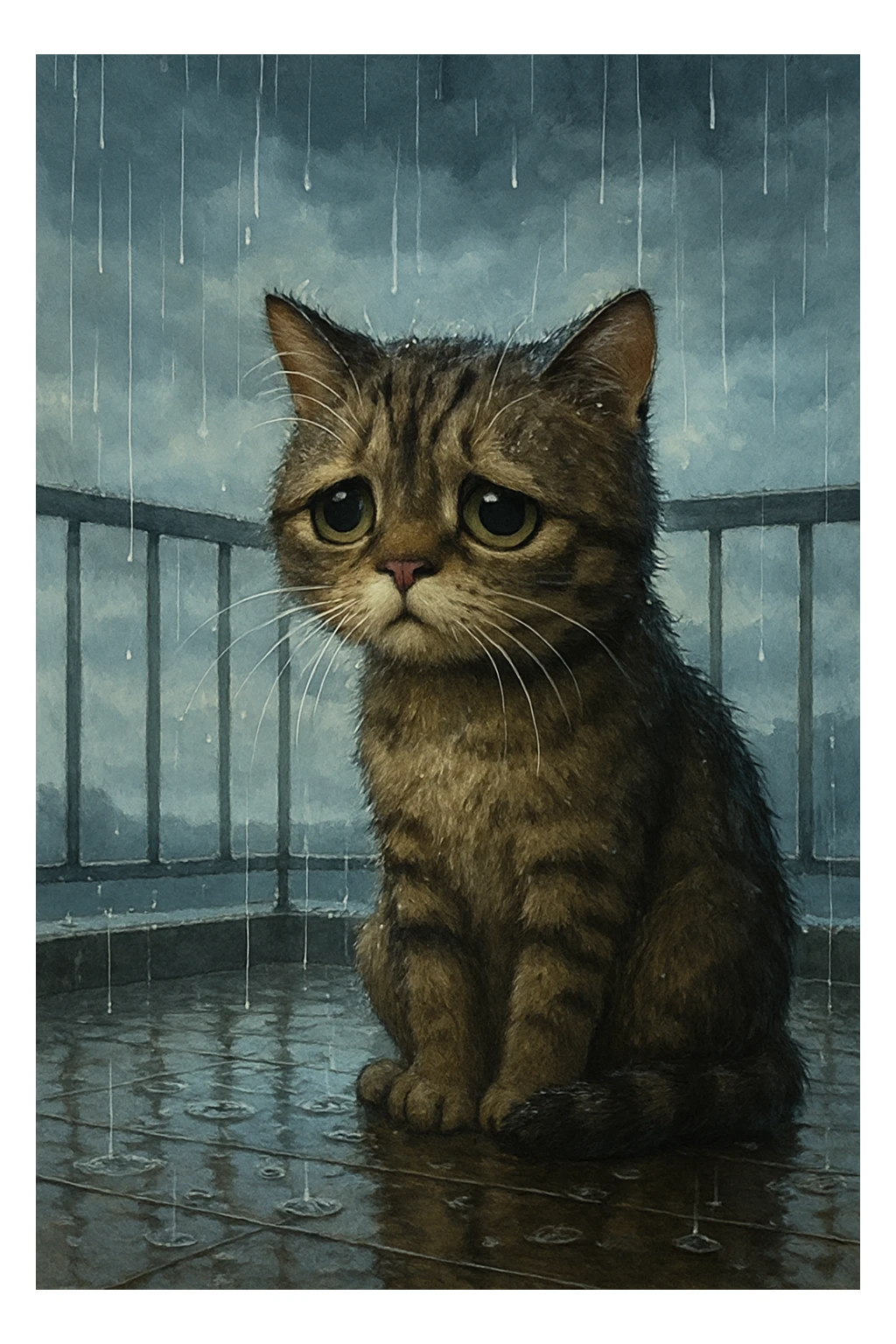 sad cat waiting for owner outside on balcony during rain sticker