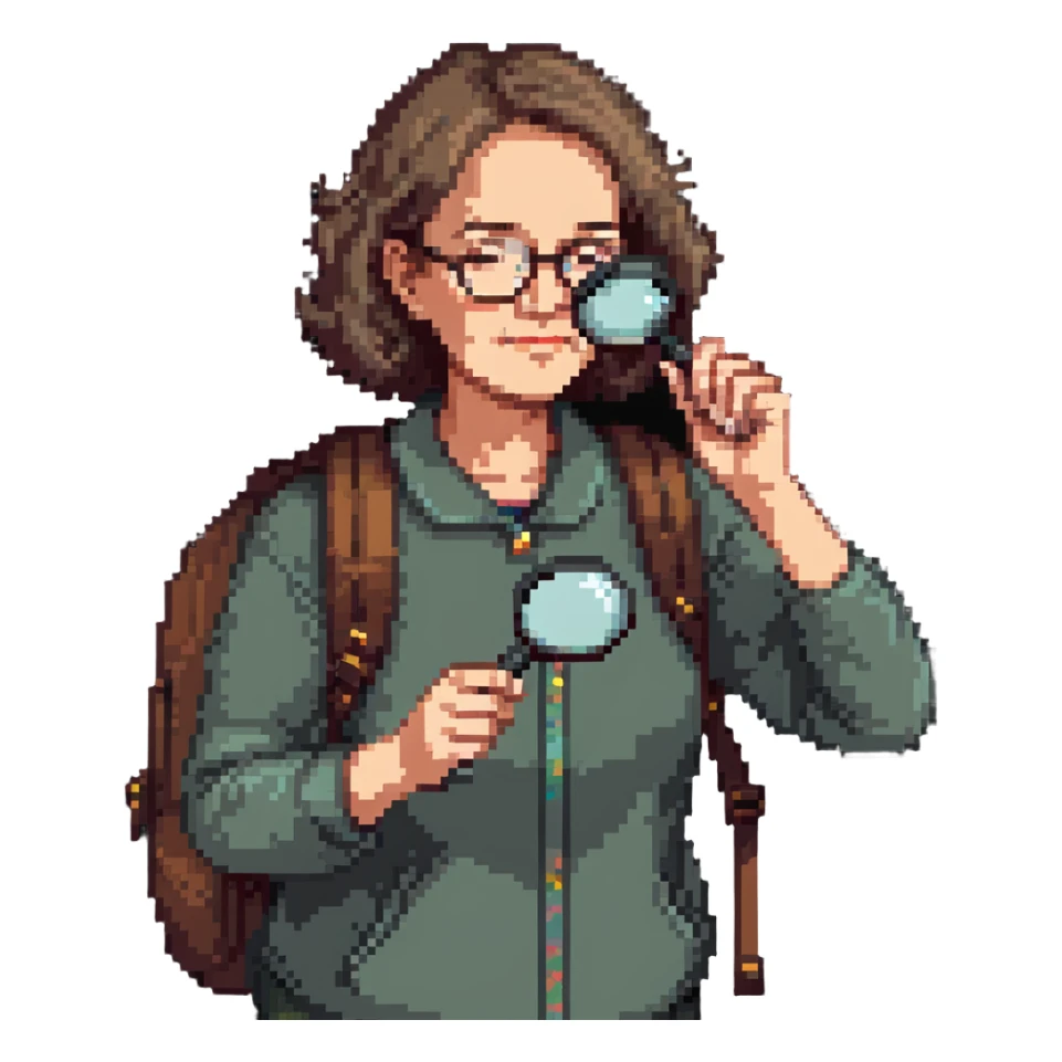 Middle-aged woman hiker with glasses and backpack, using a single magnifying glass sticker