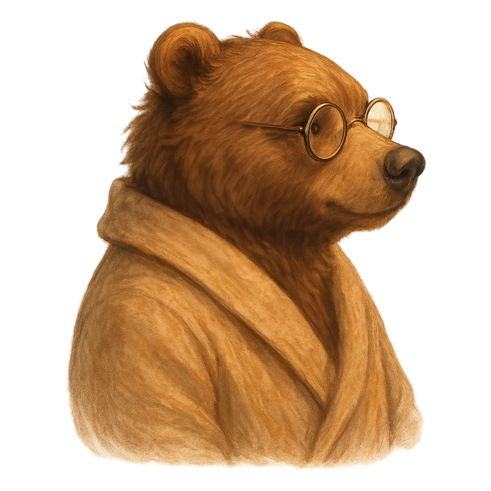 A cute anthropomorphic bear wearing round glasses and a cozy bathrobe, profile view, detailed, semi-realistic style, warm atmosphere. sticker