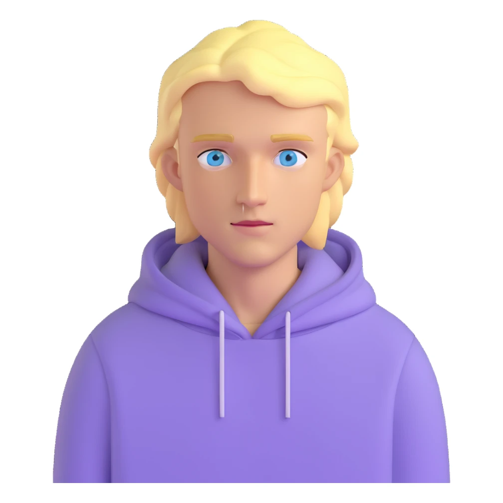 blonde man with blue eyes wearing a lilac hoodie sticker