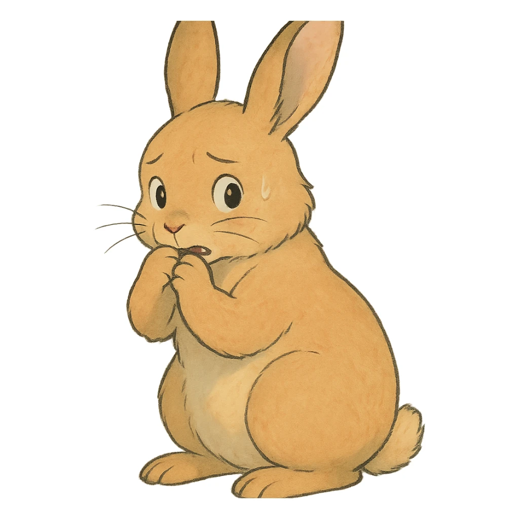 apricot bunny biting paw nervously, full body, soft Ghibli style sticker