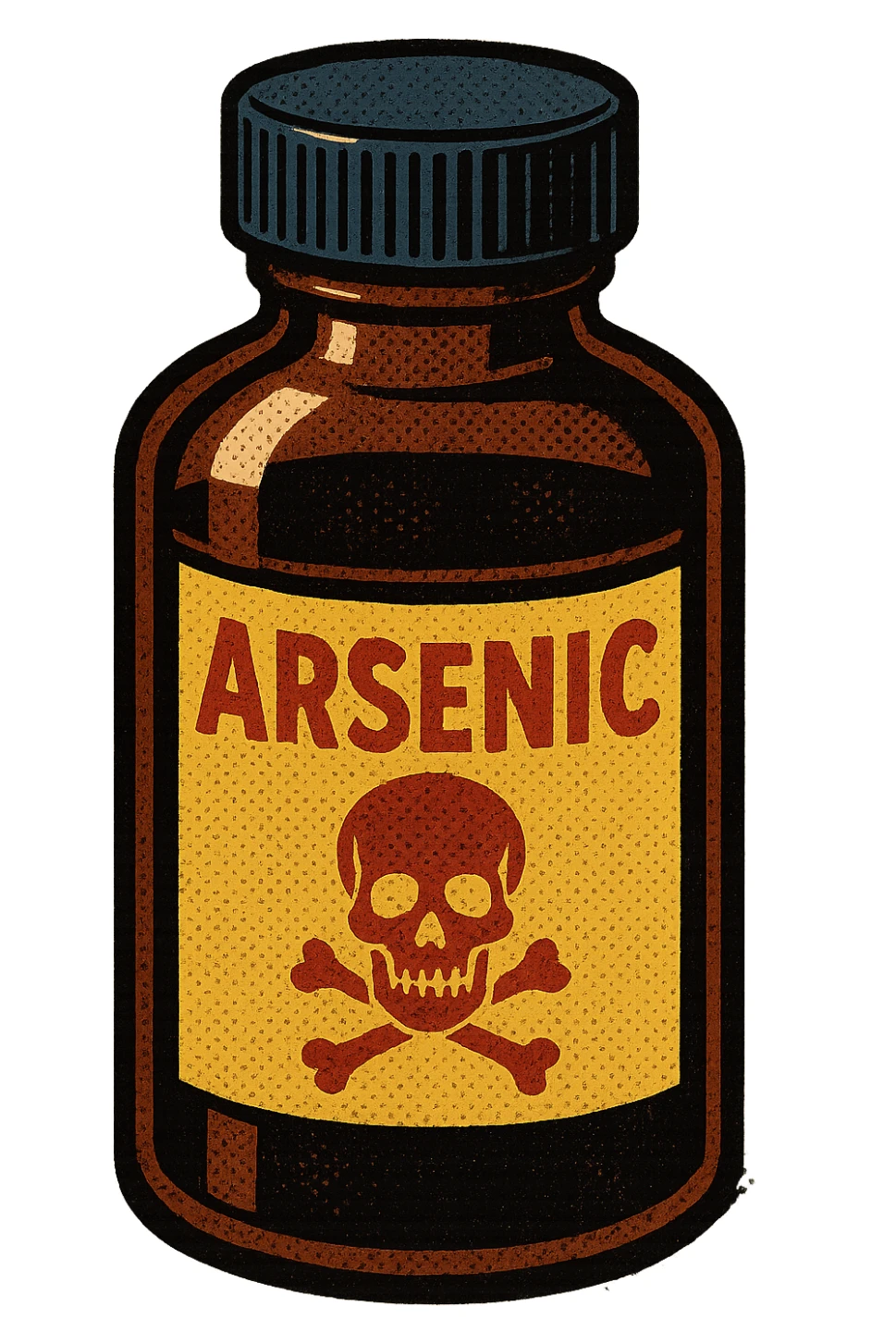 A closed medicine bottle with the word arsenic written on the bottle with a poison symbol sticker