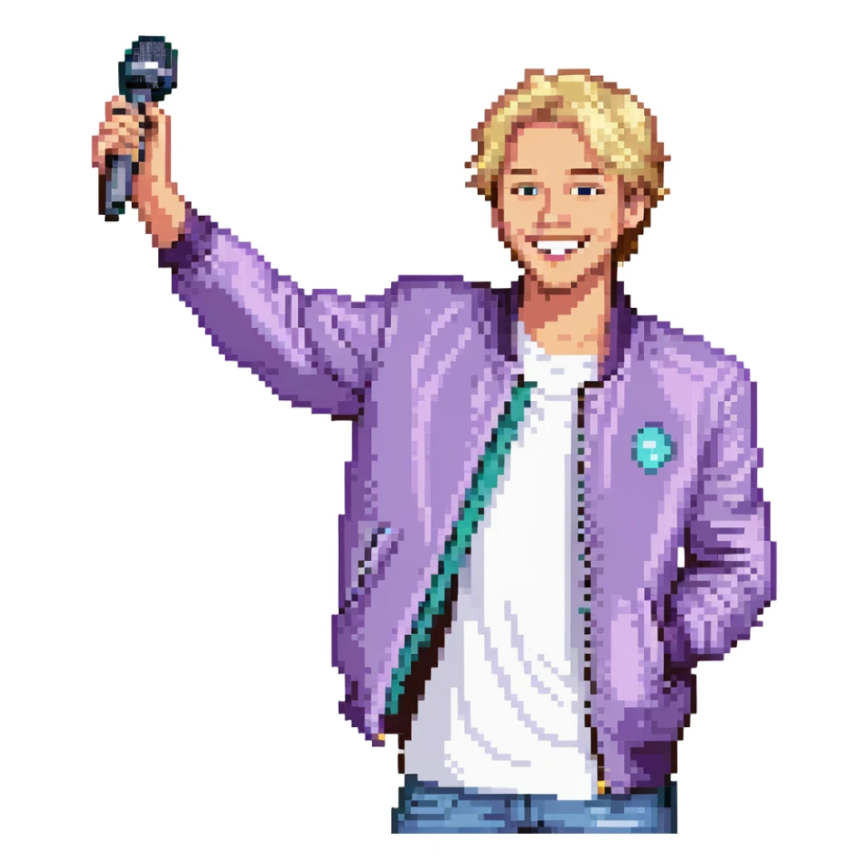 Pixel art style, expressive male performer, Caucasian features, short sandy blonde hair, lively eyes, wide cheerful smile, wearing a violet jacket over white tee, tossing a microphone in one hand, waist-up, front-facing sticker