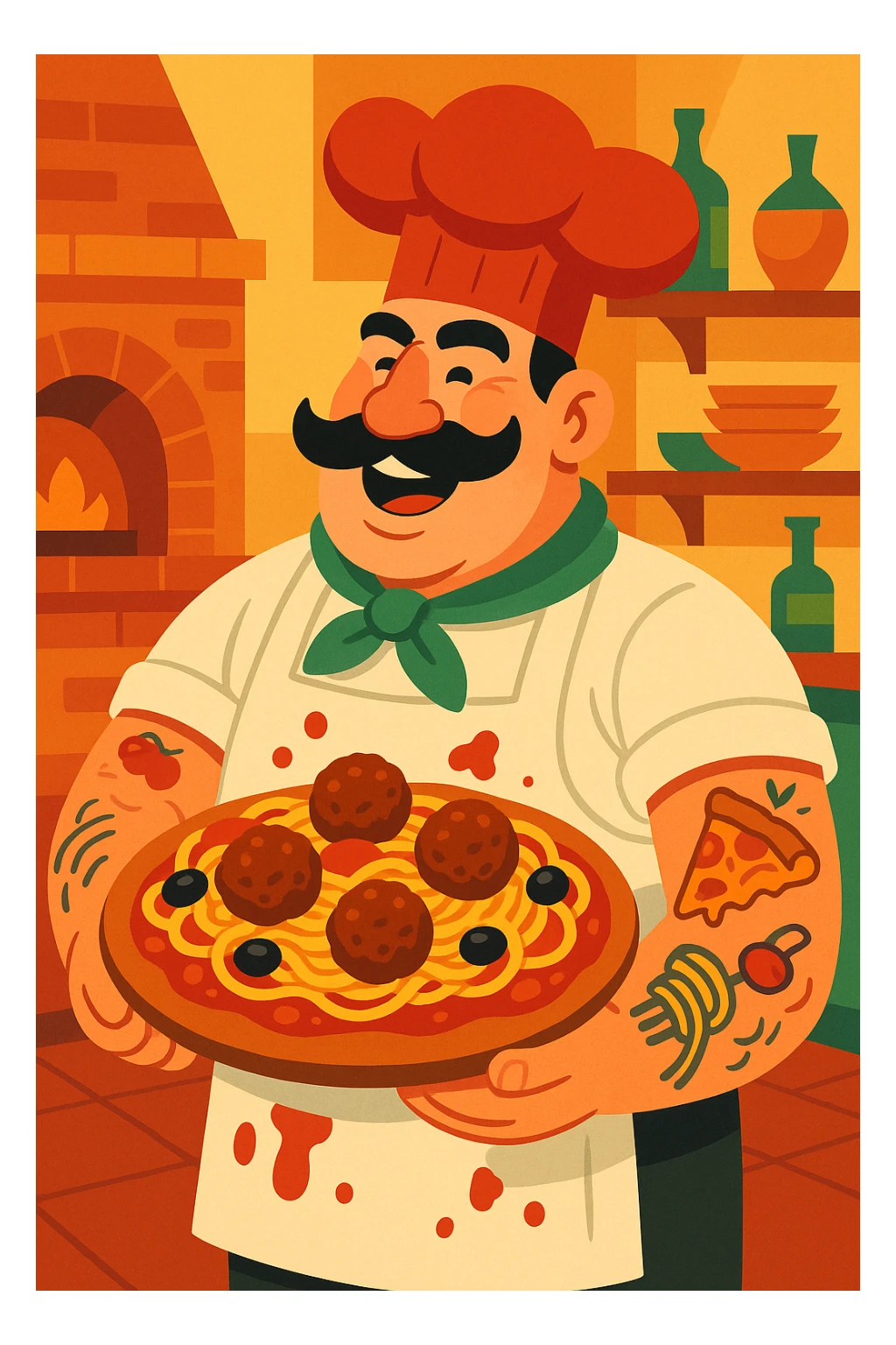 A tall, burly Italian chef with a thick black mustache and a big red chef hat, wearing a white apron stained with tomato sauce. He’s holding an oversized, loaded pizza topped with spaghetti, meatballs, and olives. His tattooed arms show pizza and pasta motifs. Colorful and cartoonish style with exaggerated features and a lively Italian kitchen background. sticker