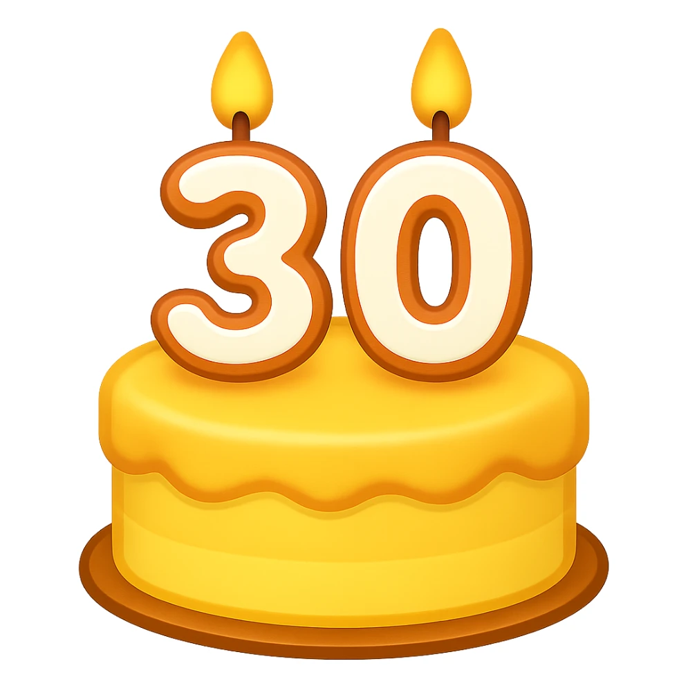 Convert this simple, clean birthday cake with a candle shaped as the number 30 into an emoji style. Keep the candle shape clear and maintain a transparent background. The style should resemble classic emoji aesthetics with bold colors and simple shapes. sticker