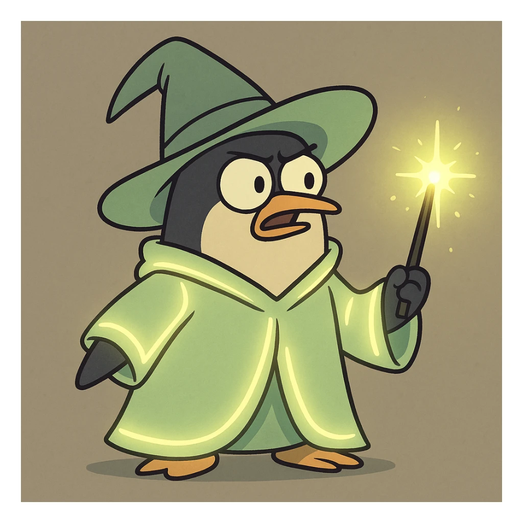 a cartoon penguin wizard casting a spell with a glowing wand and robe sticker