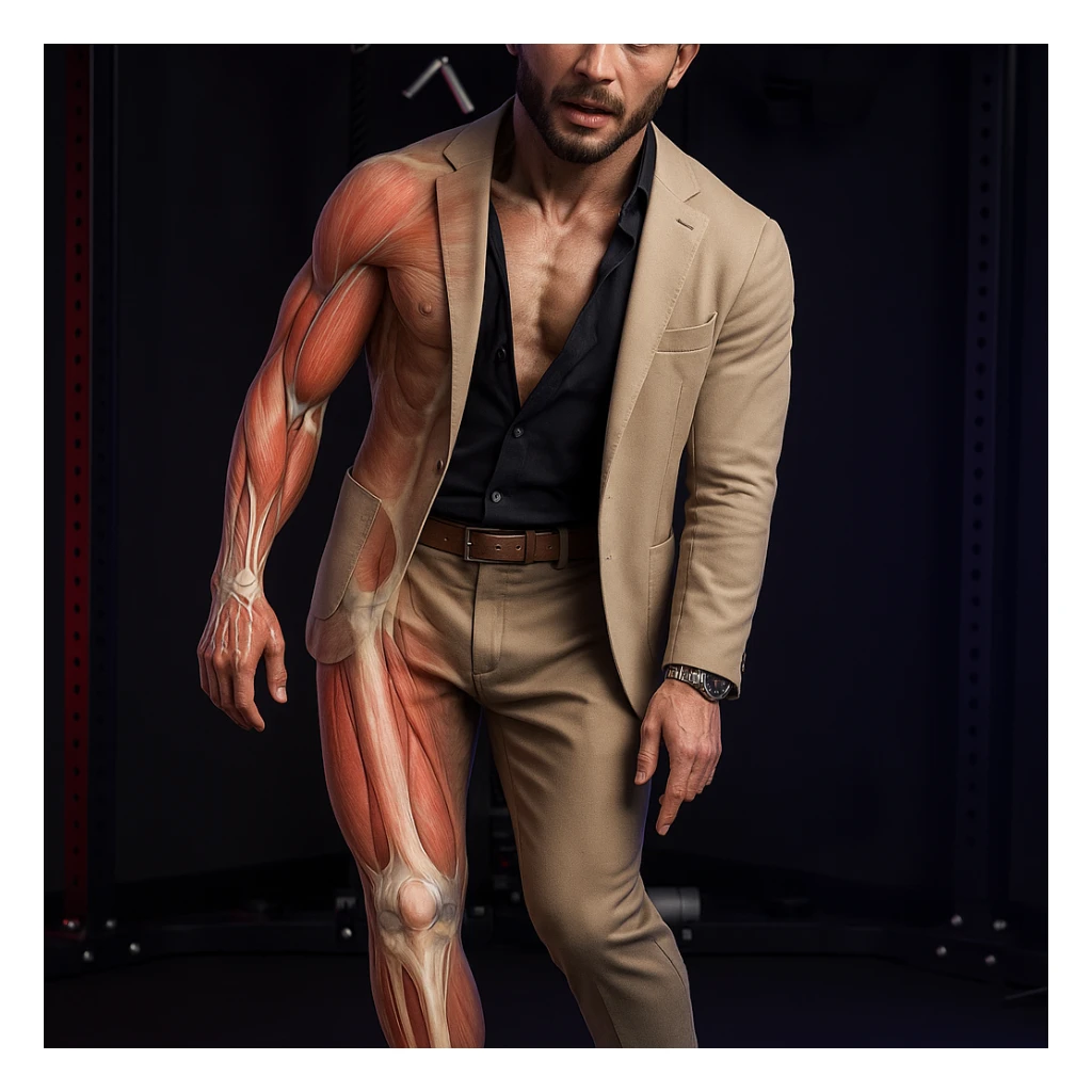 Realistic man standing in a gym, pose as in the reference, pelvis tilted, knee in valgus, and pronated foot. Visible skin and muscles, some translucent areas partially showing bones and joints involved (pelvis, knee, foot). Muscles in tension highlighted. Natural expression, clothing similar to the reference, hyperrealistic 4K details, gym environment. Variant 3. sticker