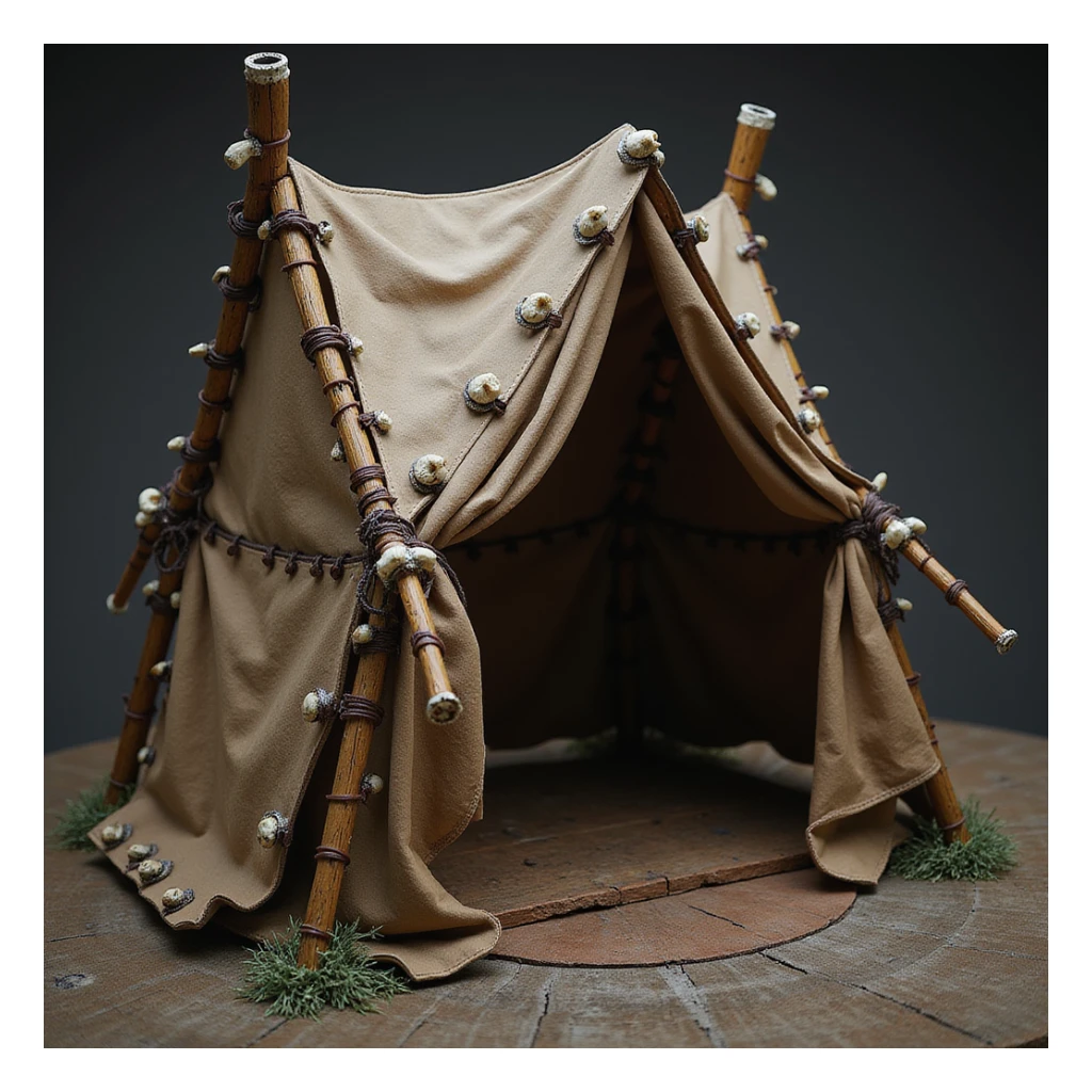 orc tent, realistic style, rustic materials, leather, wood, bones, menacing appearance sticker