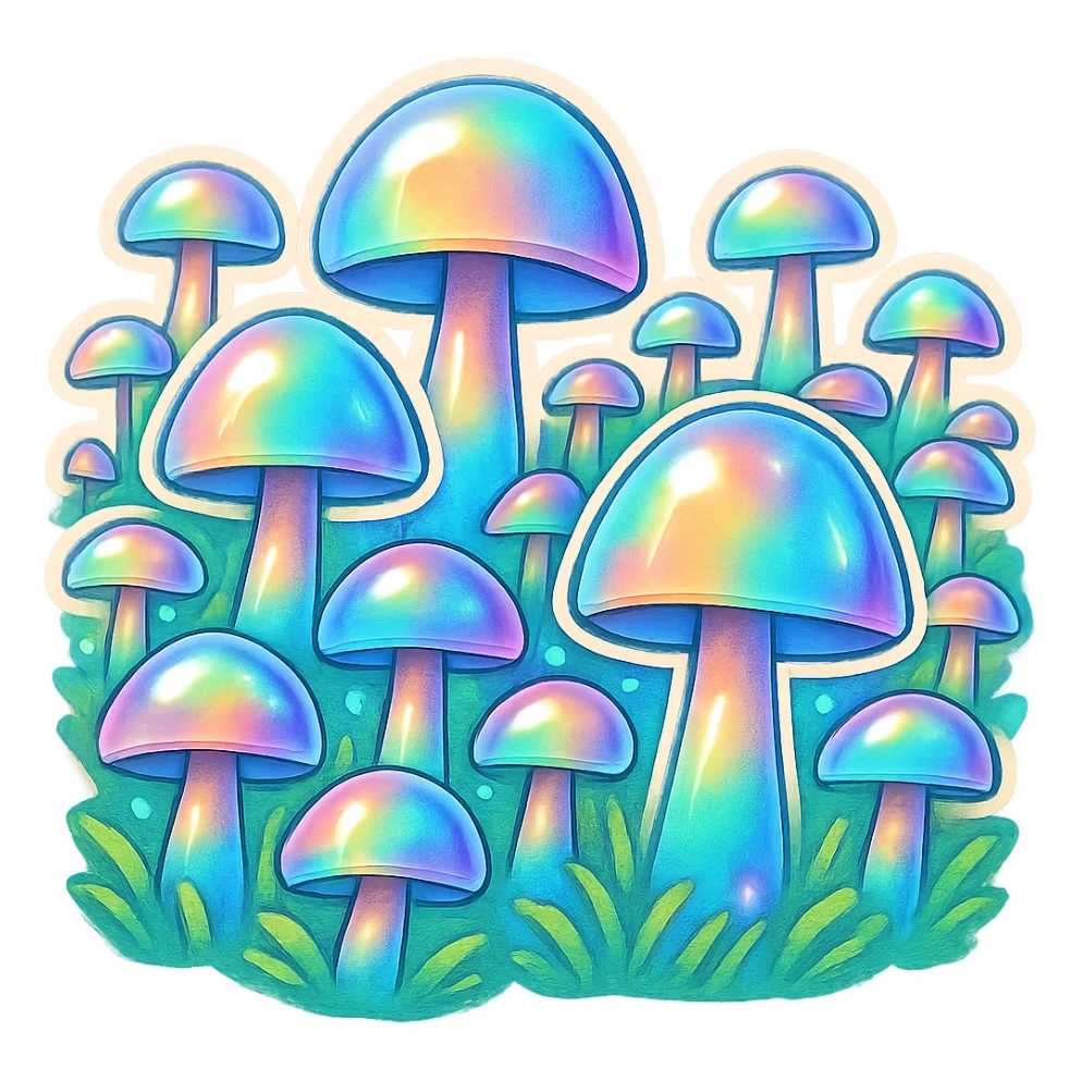 a field full of opal crystal mushrooms sticker