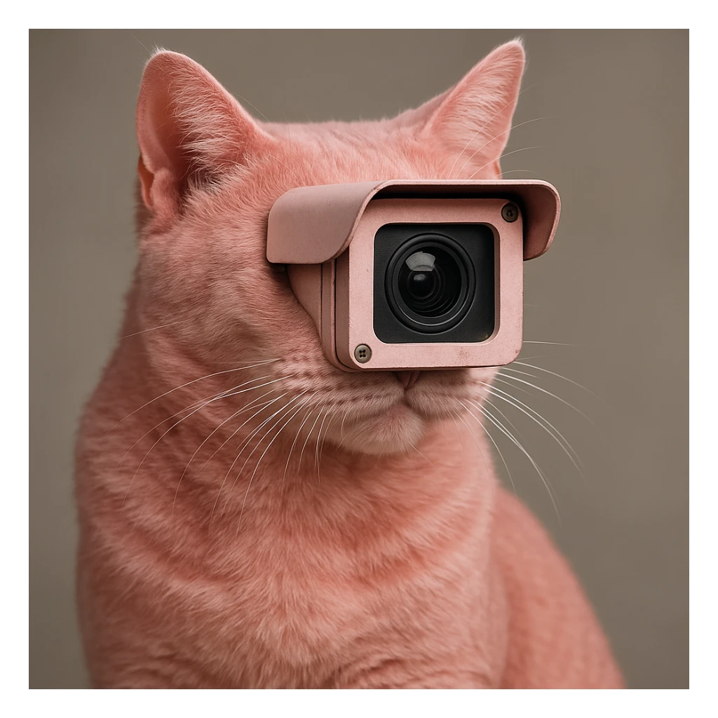 a pink cat with CCTV camera features, realistic details, lifelike, modern sticker