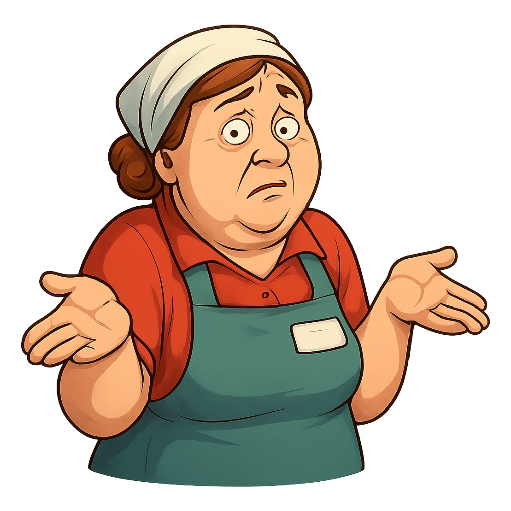 В позе этого мема сгенерируй типичную российскую продавшицу в продуктовом магазине, которая недоуменно разводит руками, слегка рисованный, но при этом объемный стиль, прозрачный фон sticker