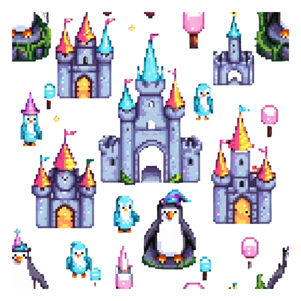 penguin wizard with magical sparkles, a unicorn, fairy, and tiny goblin companion in a pixelated fantasy world with a castle sticker