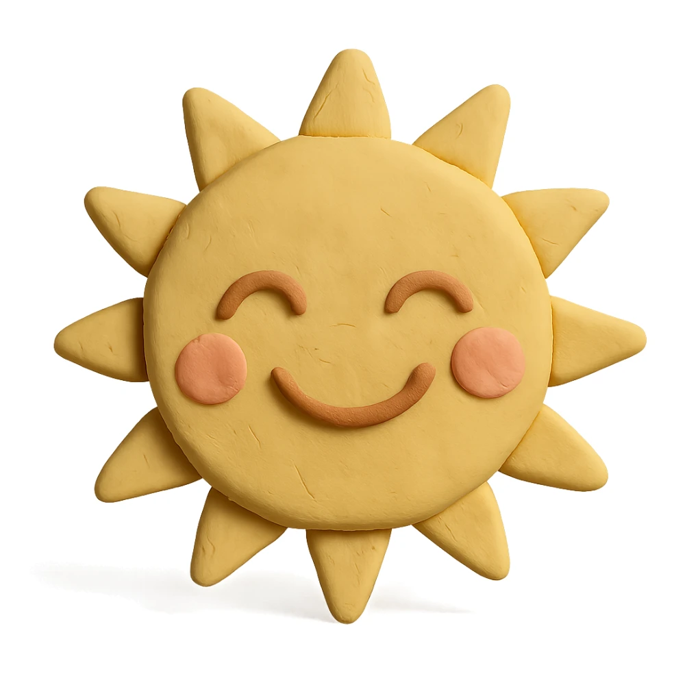 smiling sun with a face, pastel colors, visible fingerprints, matte plasticine claymation style sticker