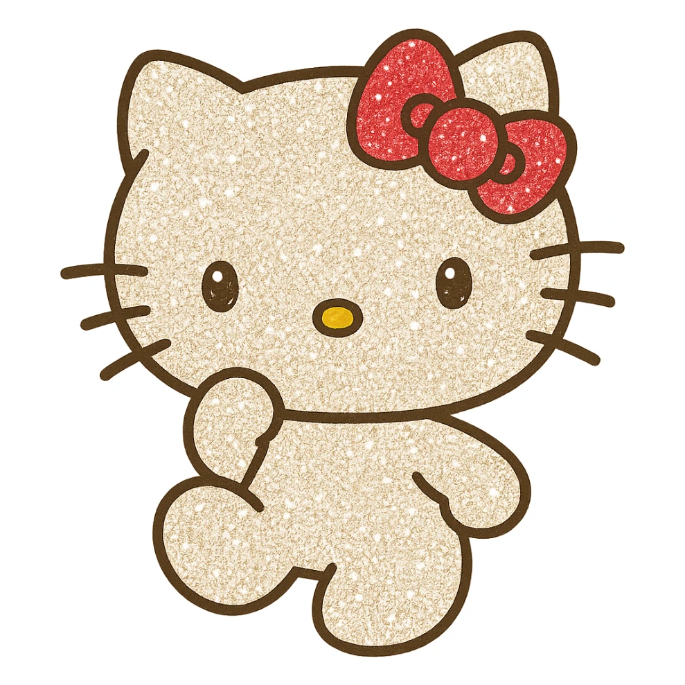 Hello Kitty character, covered in sparkling glitter, cute and shiny, white cat with a red bow, in a playful pose sticker