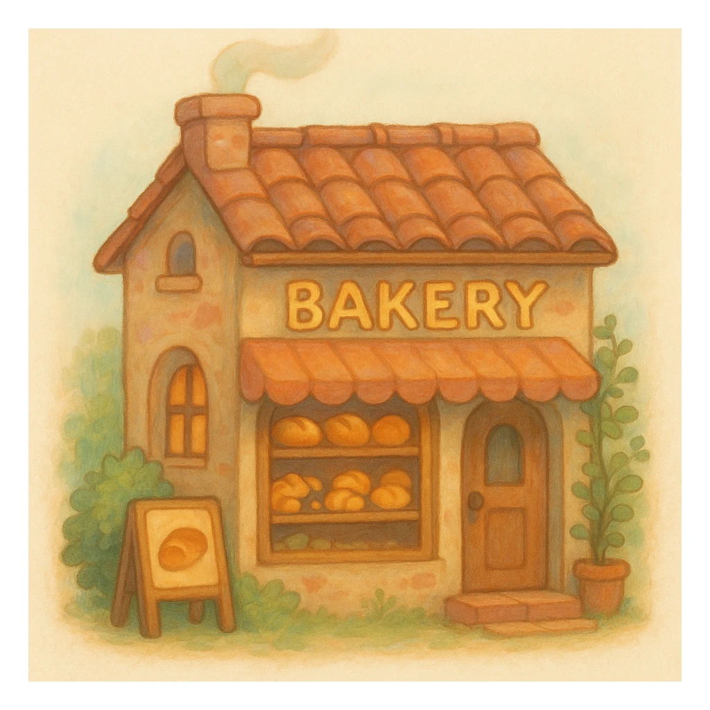 a bakery emoji in studio ghibli style, warm and whimsical, soft painterly look sticker