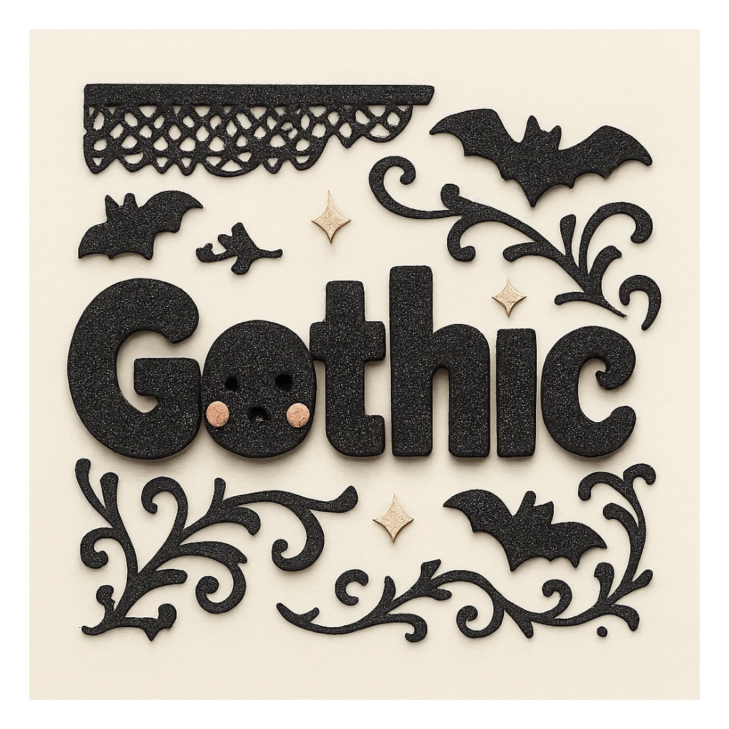 Add gothic motifs such as black lace, tiny bats, and ornate flourishes around the sparkling black text, keep the 3D paper-craft effect, kawaii style, no outline, transparent background. sticker