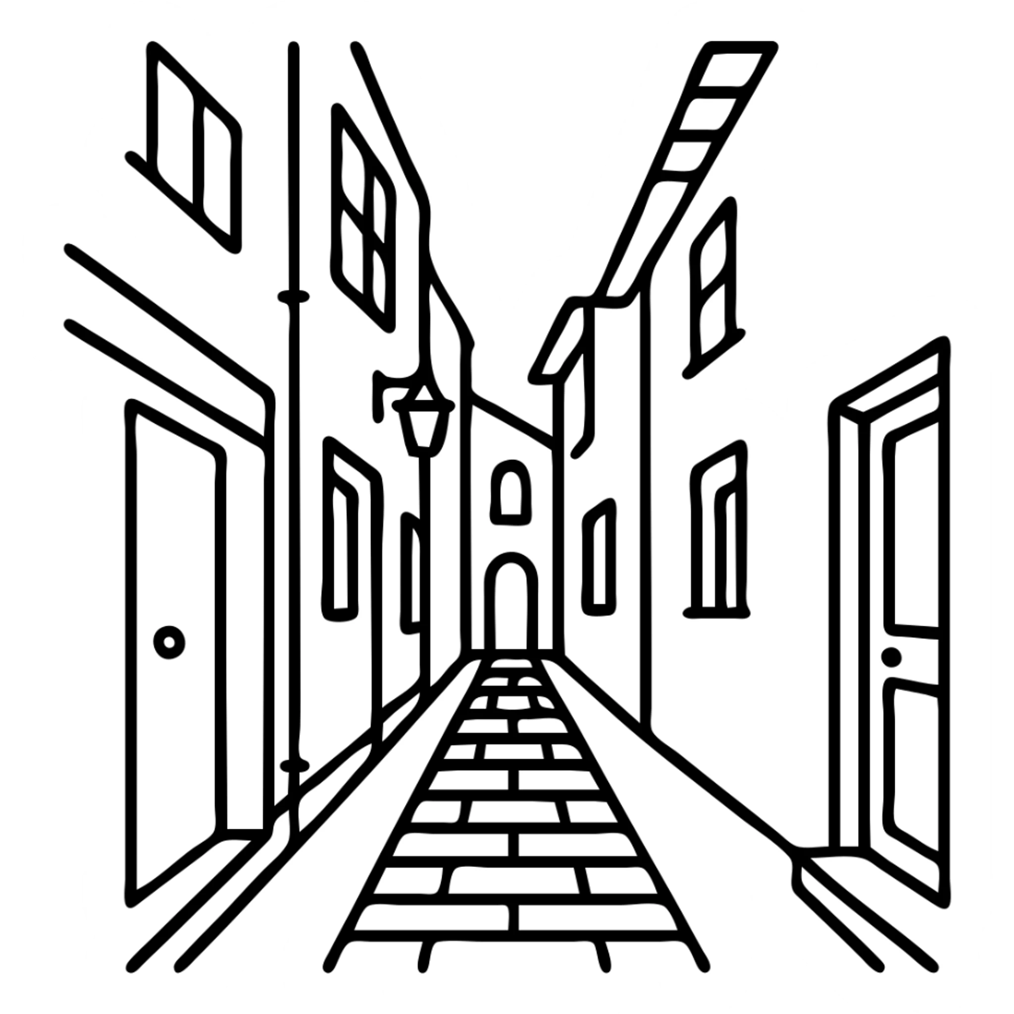 Remove any frame or border, emphasize the road in the narrow alleyway, keep simple building design, no background sticker