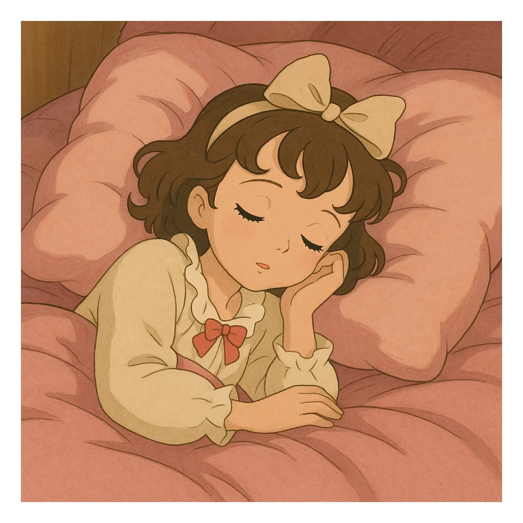 coquette girl sleeping in a pink soft bed, ghibli style sticker