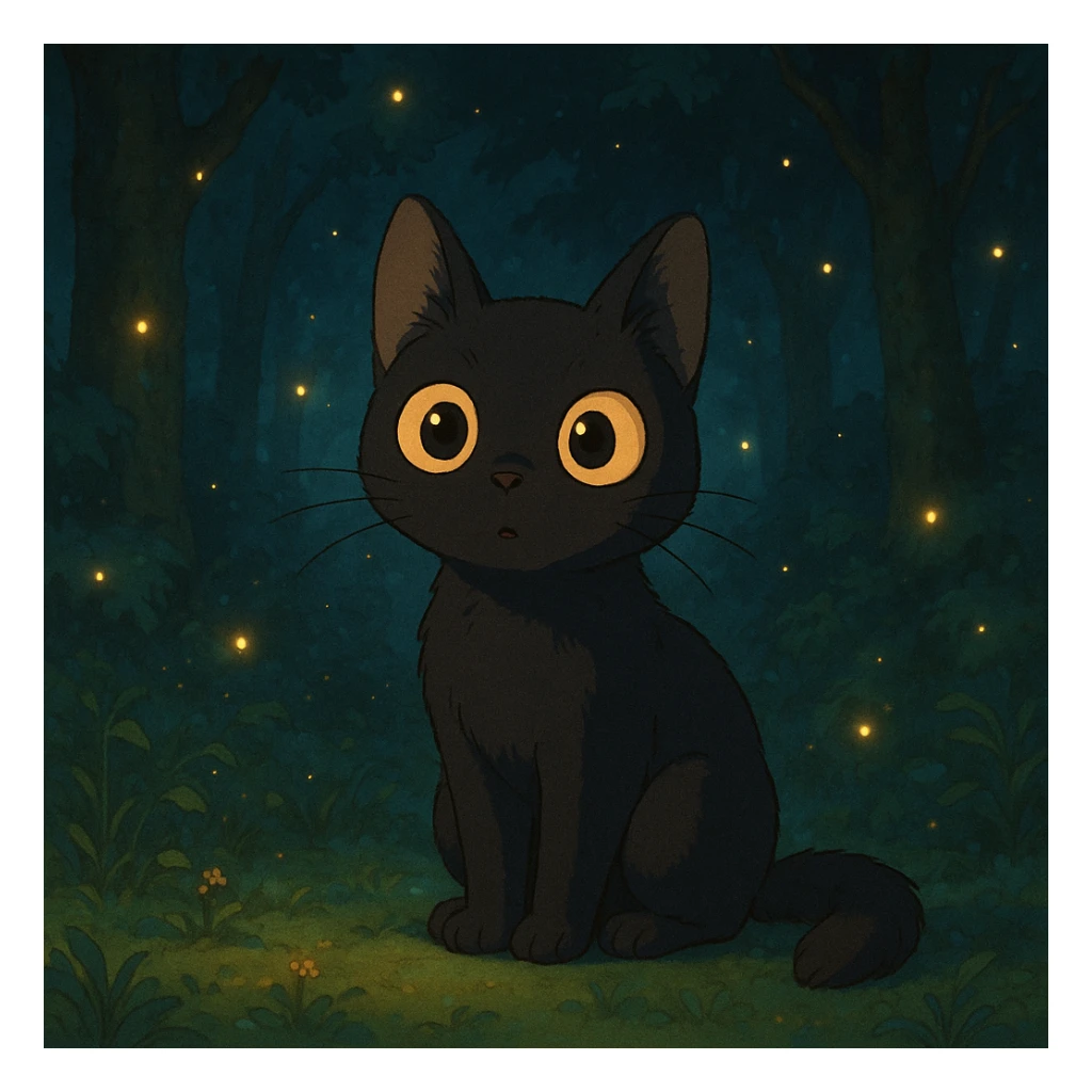 curious cat with big eyes and magical atmosphere in ghibli style sticker