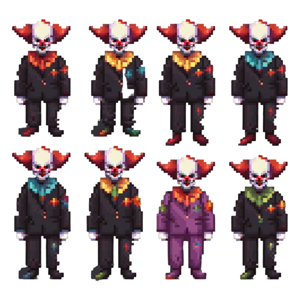 demonic clown wearing a leisure suit, bald with different horn styles sticker