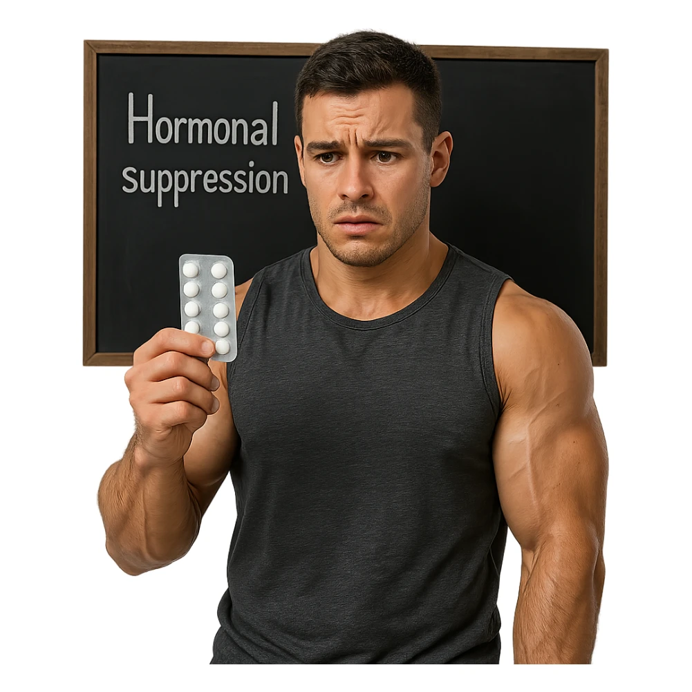 muscular young man in front of blackboard with text 'Hormonal suppression', holding blister pack of pills, worried look, hyper realistic details, isolated on white background sticker