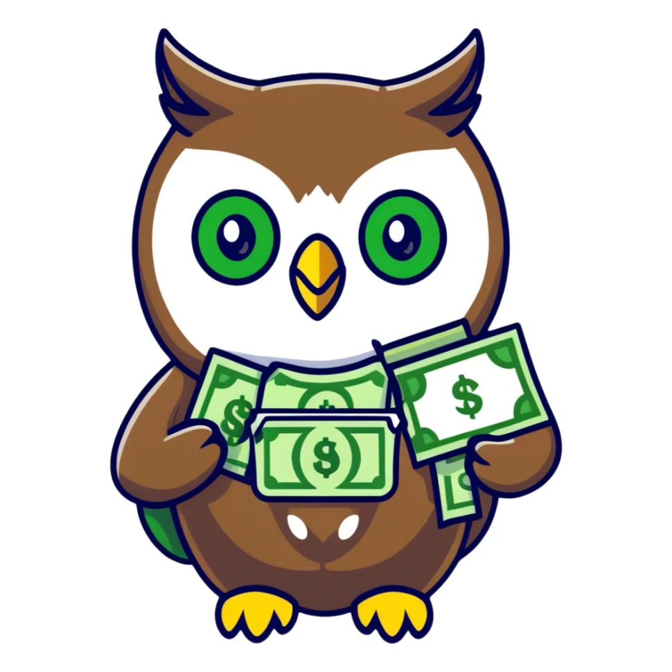 charming pastel-toned owl character, large green eyes, golden feathers, holding a money pouch in its feet, sticker style, emphasizing sparkling effect sticker