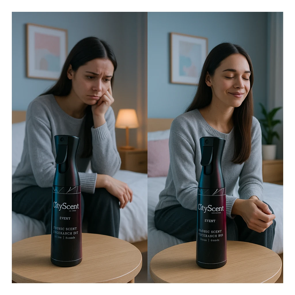 Create a stylish Instagram store post featuring the CityScent fabric scent fragrance oil on a table in a cozy, minimal bedroom. Show a girl enjoying the scent, her mood changing from sad to relaxed. Use a modern, clean, and visually appealing composition with a color palette that matches the product branding. No extra text or logo, just a beautiful Instagram-ready look. sticker