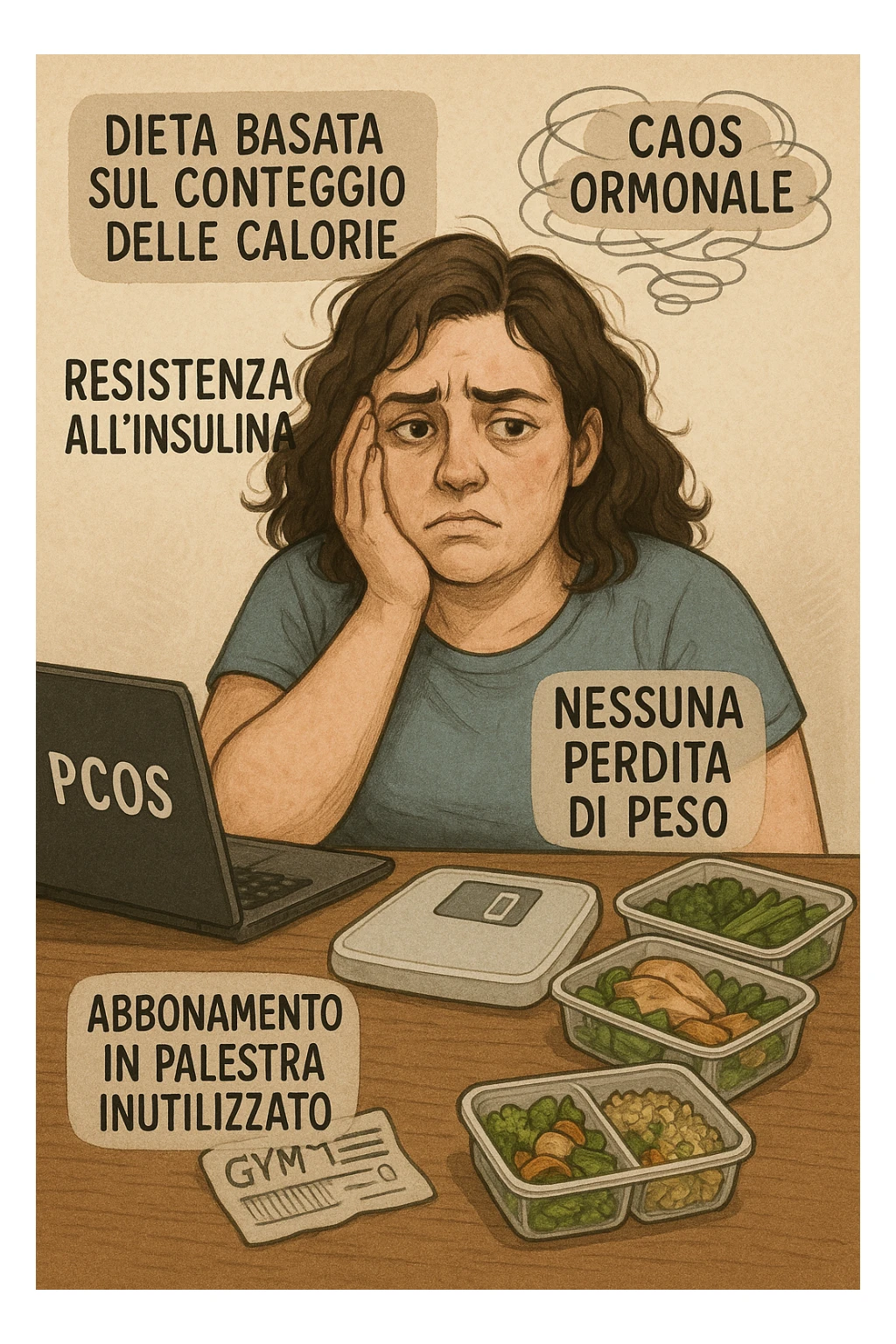 "Desperate woman with PCOS following standard calorie-counting diet, scale showing no weight loss despite strict adherence, expression of confusion and defeat, meal prep containers with healthy foods, insulin resistance making normal dieting ineffective, hormonal chaos overriding caloric deficit principles, gym membership unused due to lack of results scritte in italiano sticker
