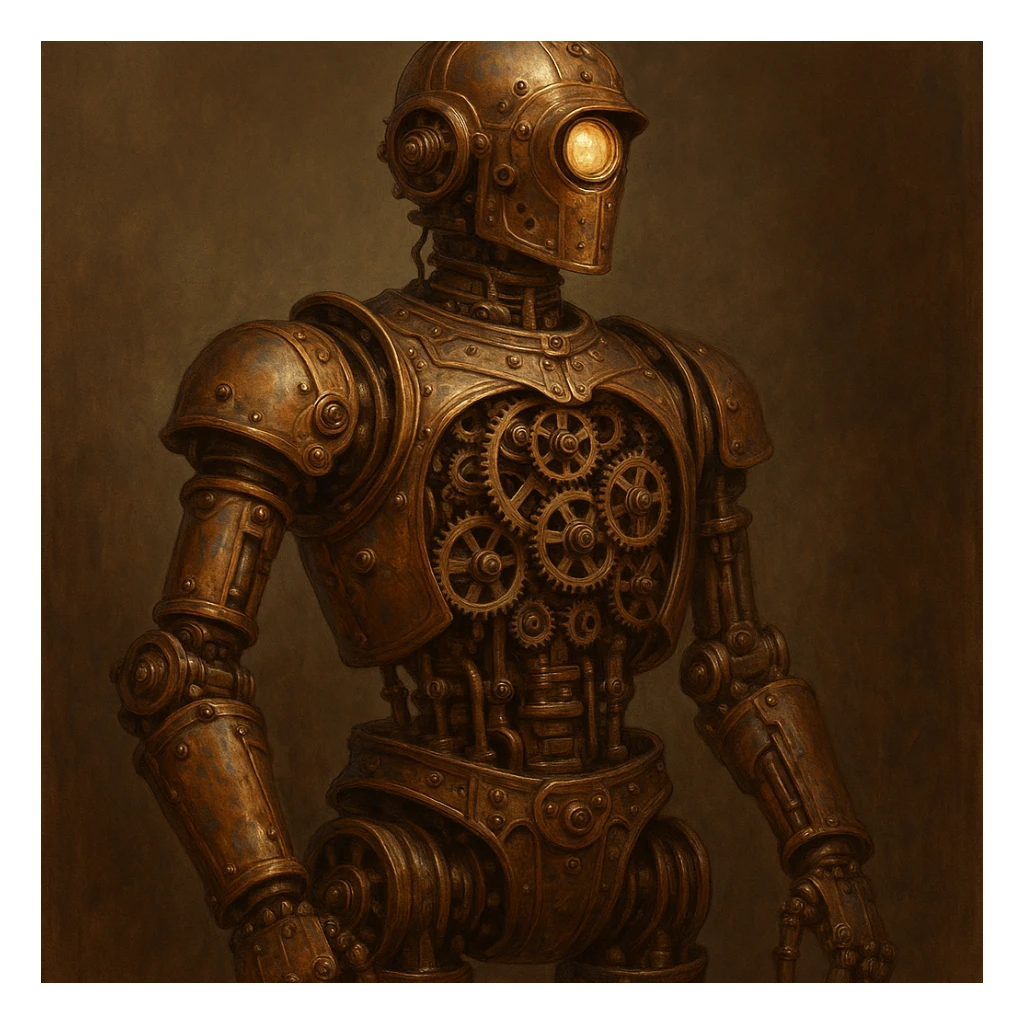 Victorian-era robot with exposed gears, copper and bronze colors, steampunk style sticker