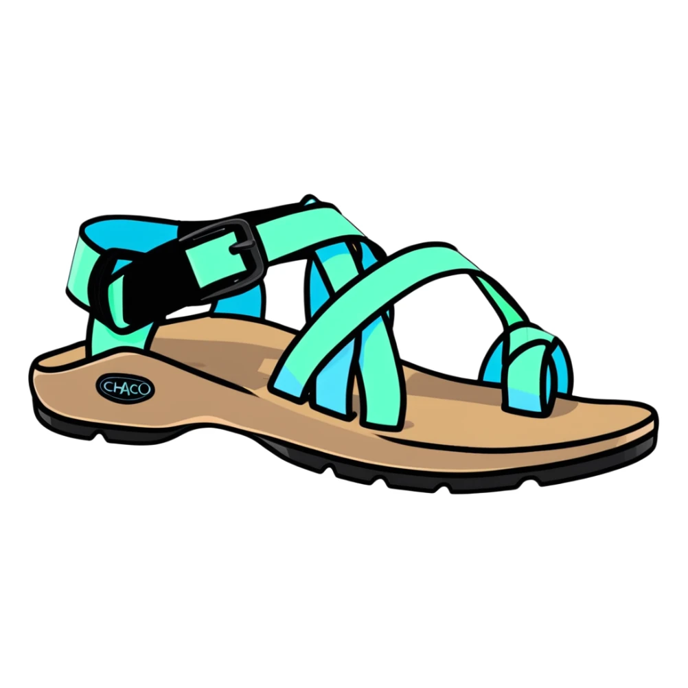 Chaco sandal with toe loop, black footbed, light blue and light green straps sticker
