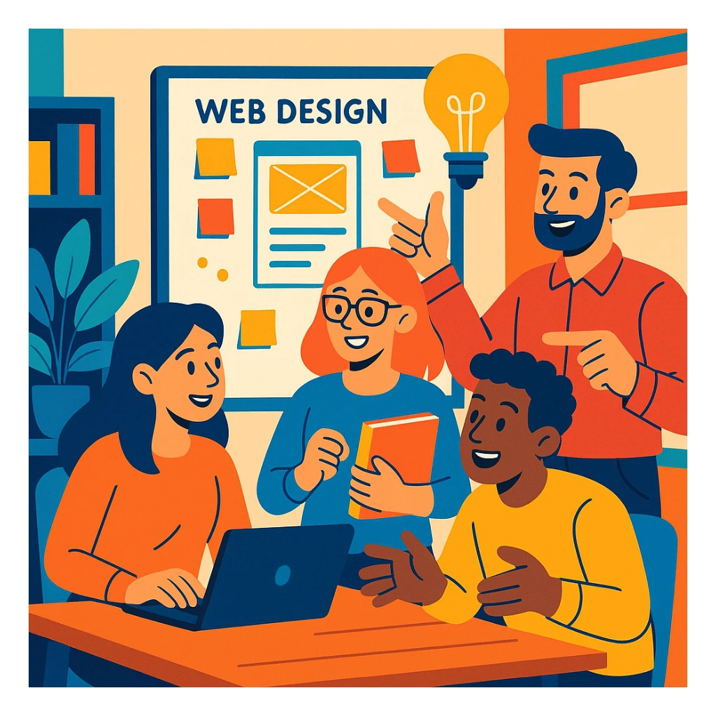 creative team brainstorming web design ideas in an office, vibrant toon style sticker