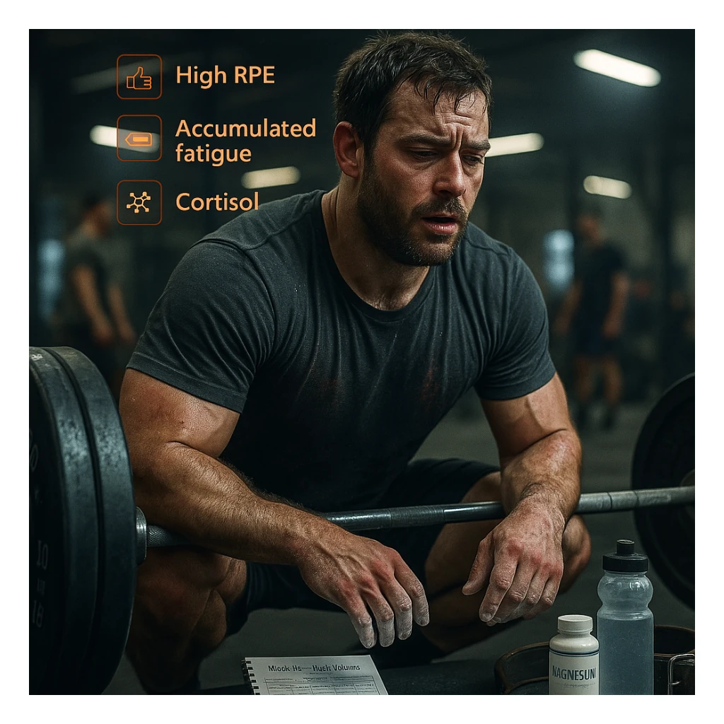 A muscular man in his early 30s, mid-workout in a gym, sweating heavily, expression showing fatigue and strain but still focused. He’s performing heavy barbell squats or deadlifts, with chalk-covered hands, and a visible training logbook nearby showing notes like 'Week 4 – High Volume'. Slight dark circles under his eyes, subtle red irritation around joints and tendons, symbolizing overuse. A water bottle, magnesium supplement, and lifting belt on the floor. Background: a real gym environment with other athletes, slightly blurred. Ambient lighting: cool tones with overhead gym lights. Optional floating icons showing high RPE, accumulated fatigue, cortisol levels slightly elevated. Style: cinematic realism, emotionally intense yet grounded in sports physiology. sticker
