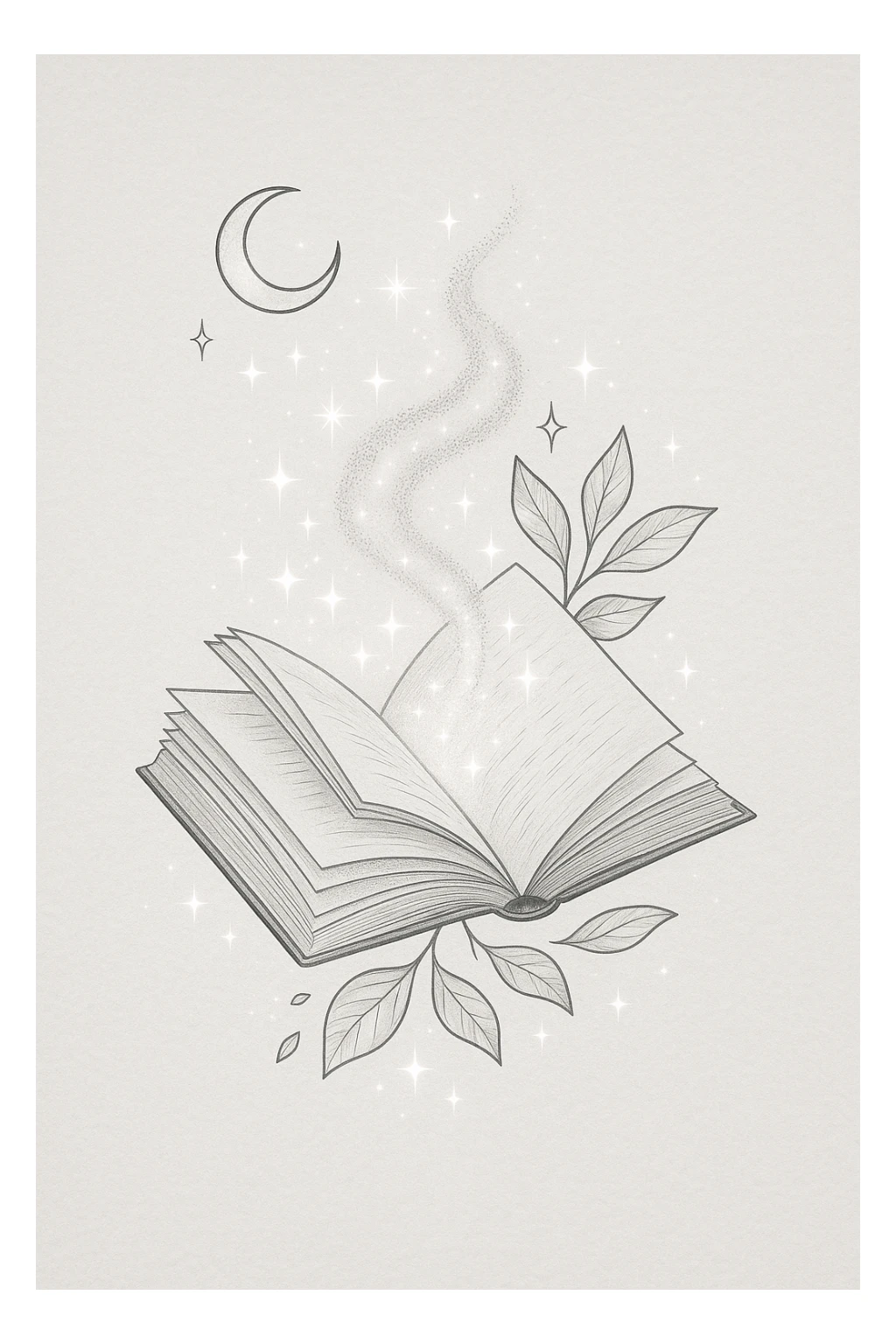Create a clean, minimalistic drawing of an open book with magical energy, sparkles, and glowing effects. Use detailed shadows and highlights, in the style of the reference image. sticker